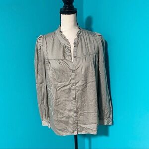 Dear John S Solid Green Ruffle Neck Button Front Long Sleeve Top